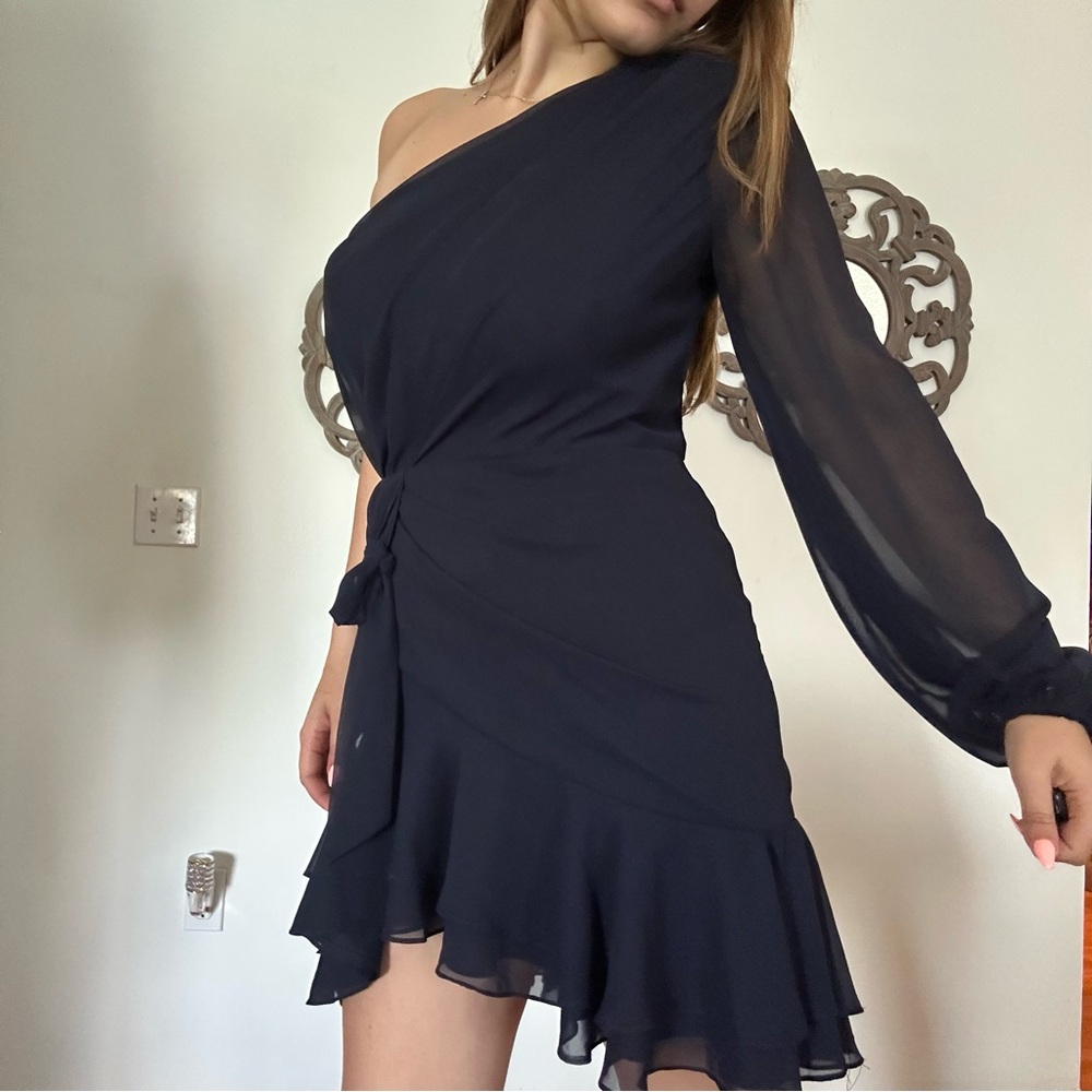 Blue Asymmetrical Ruffled One-Shoulder Dress